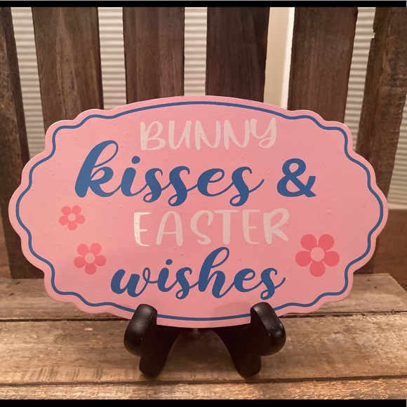 Easter Hanging Wood Wall Decor Signs Set of 2, Bunny Kisses & Easter Wishes Sign - Picture 4 of 16